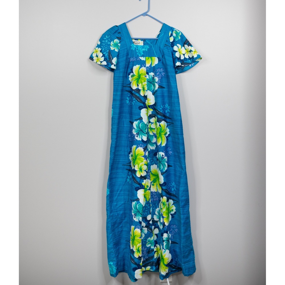 Tropicana Hawaii Maxi Dress Womens 8 Blue Floral Excellent Vintage Muumuu